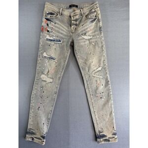 Purple Brand Jeans Mens 33x31 Beige Slim Skinny Distressed Paint Splatter
